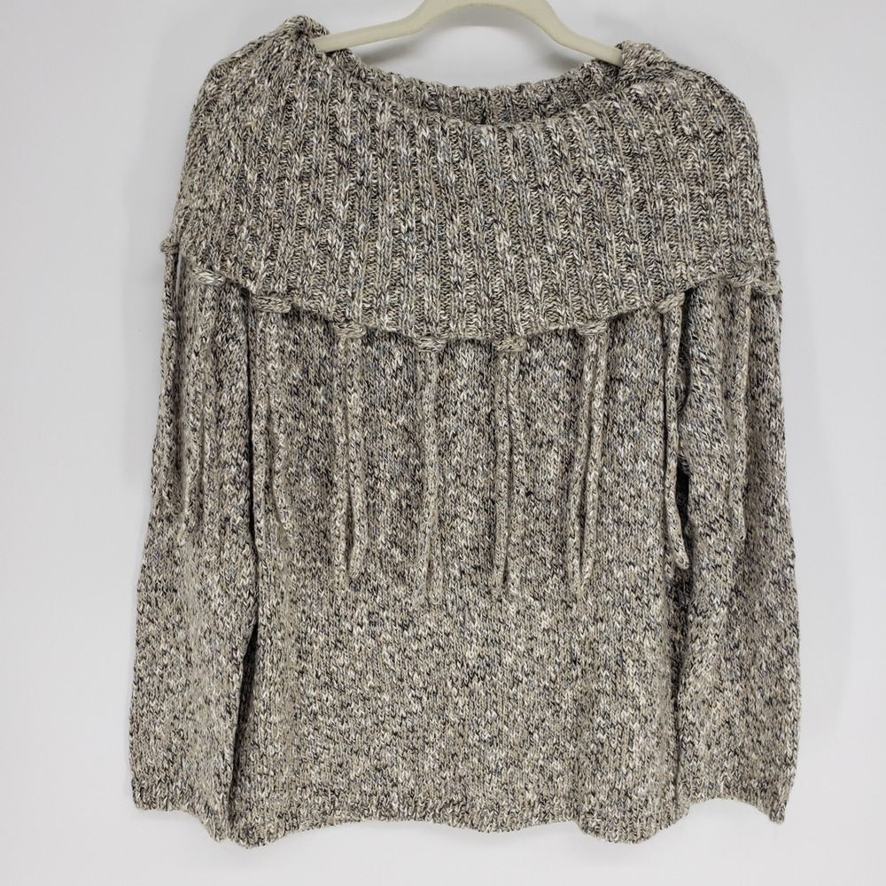 Chico's Fringe Cowl Neck Pullover Sweater Women Size 2 Large Beige Grey Marled